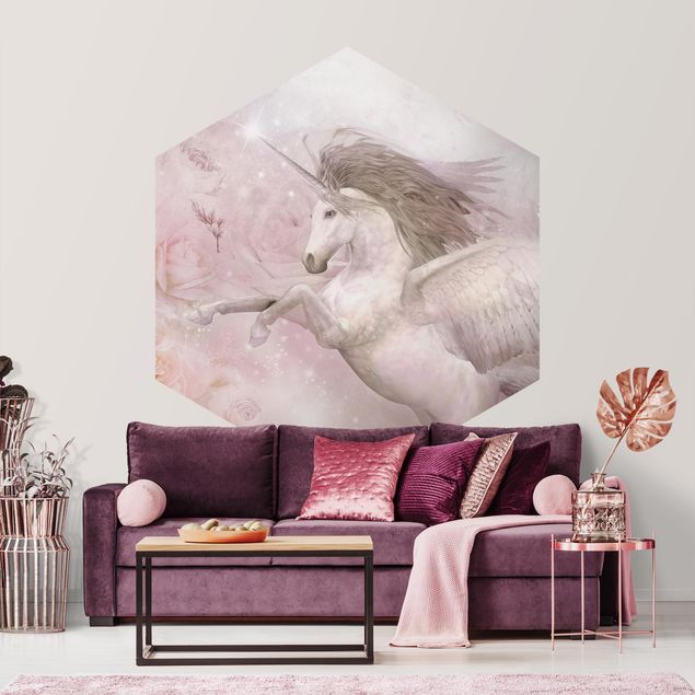 Self-adhesive hexagonal wall mural - Pegasus Unicorn With Roses