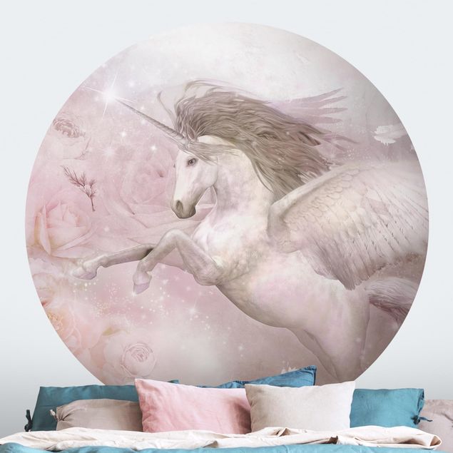 Self-adhesive round wallpaper - Pegasus Unicorn With Roses