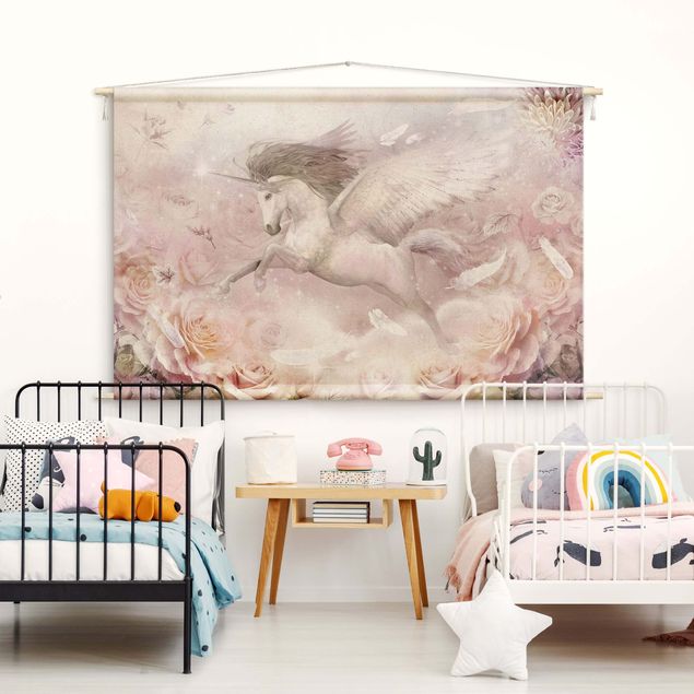 extra large tapestry Pegasus Unicorn With Roses