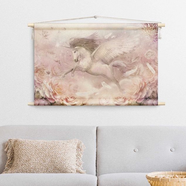 fabric wall hanging Pegasus Unicorn With Roses