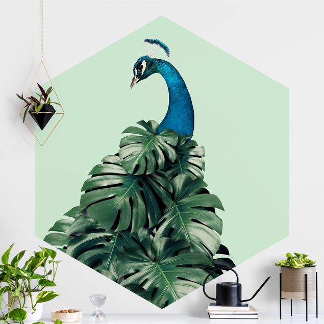 Self-adhesive hexagonal wall mural Peacock With Monstera Leaves