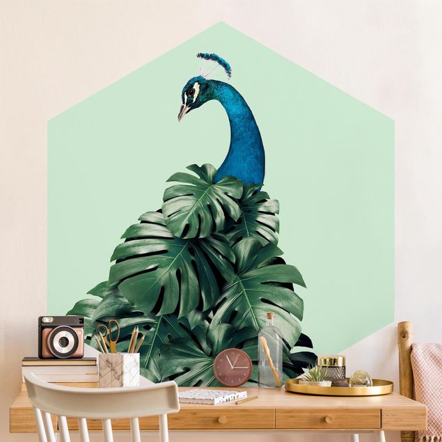 Wallpapers Peacock With Monstera Leaves
