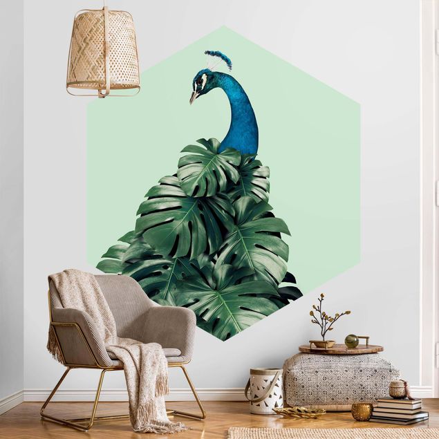 Self-adhesive hexagonal pattern wallpaper - Peacock With Monstera Leaves