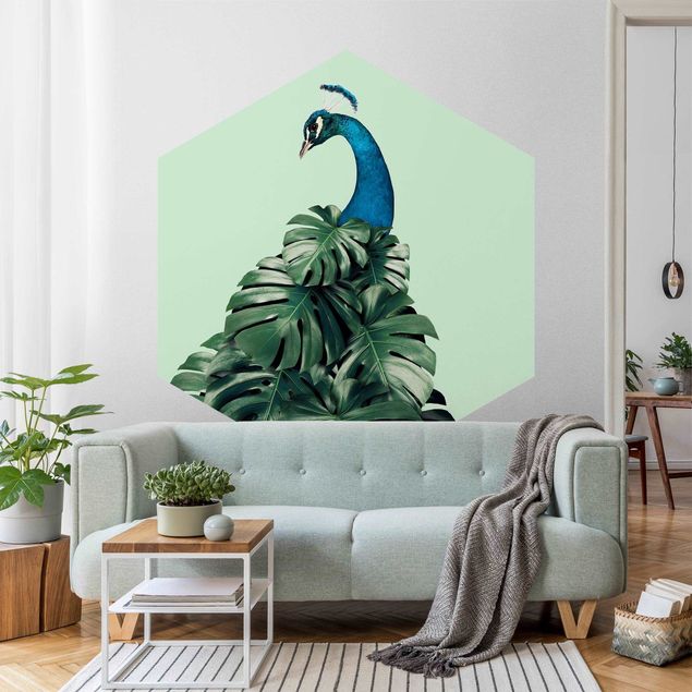 Self-adhesive hexagonal pattern wallpaper - Peacock With Monstera Leaves