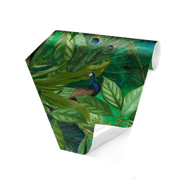 Self-adhesive hexagonal pattern wallpaper - Peacocks In The Jungle