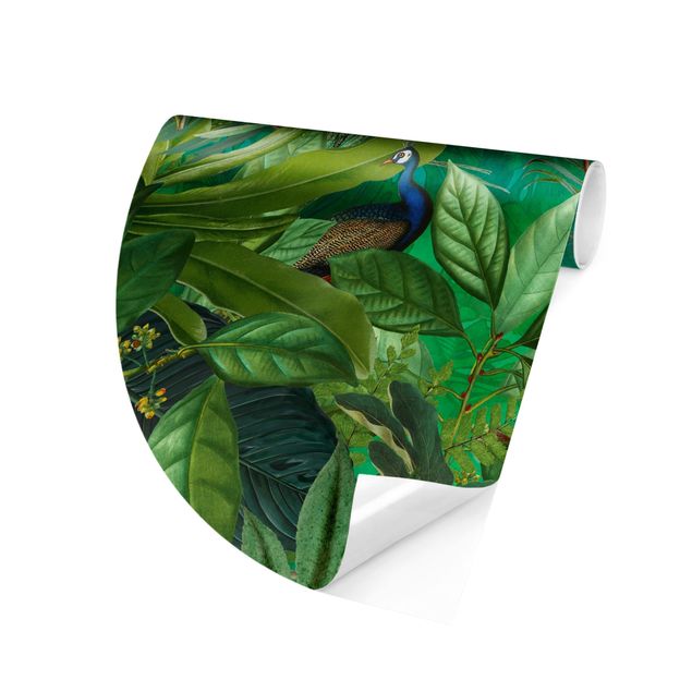 Self-adhesive round wallpaper - Peacocks In The Jungle