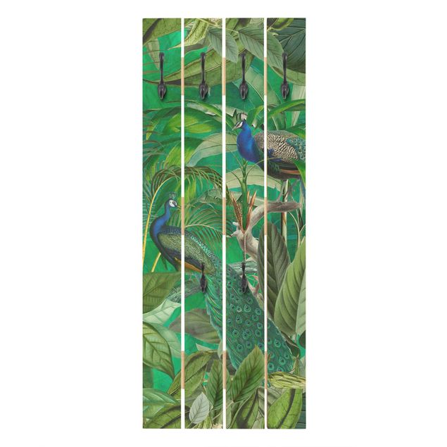 Wooden coat rack - Peacocks In The Jungle