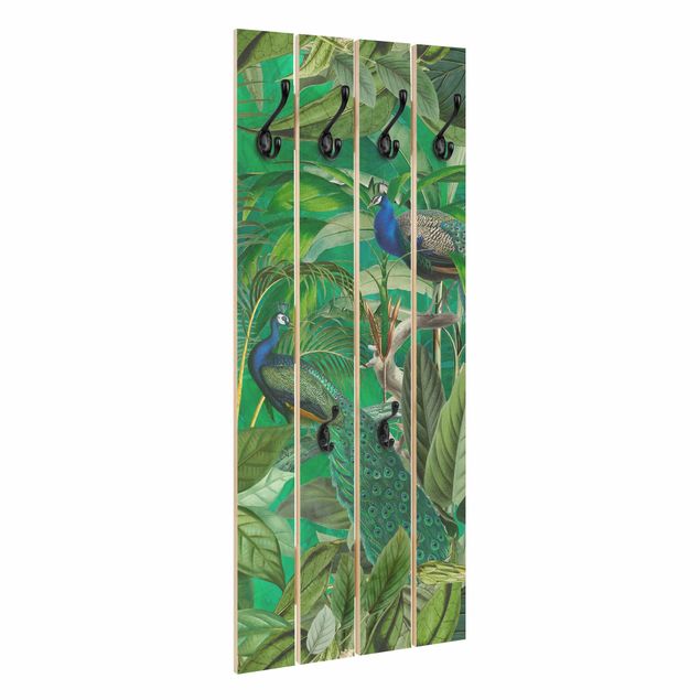 Wooden coat rack - Peacocks In The Jungle