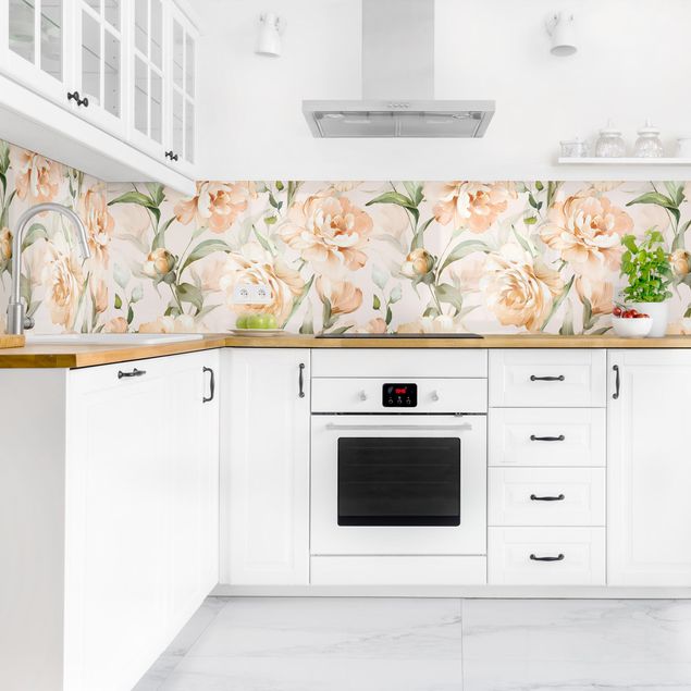 Kitchen wall cladding - Peonies Watercolour Pattern Beige