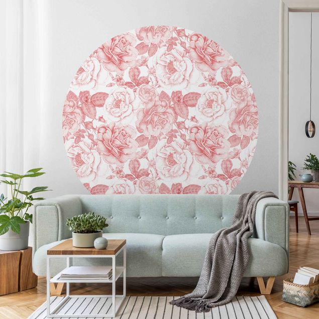 Self-adhesive round wallpaper - Peony Pattern Pink