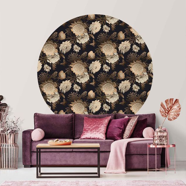 Self-adhesive round wallpaper - Peony Pattern Black Gold