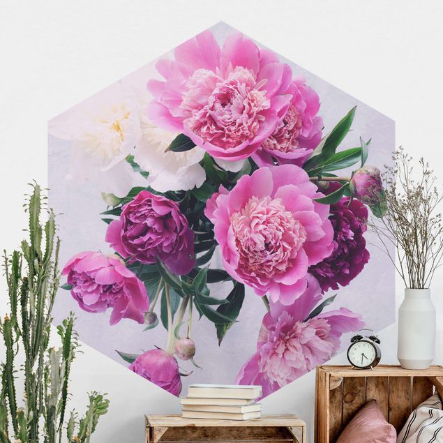 Hexagonal wallpapers Peonies Shabby Pink White