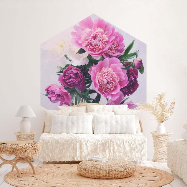 Self-adhesive hexagonal pattern wallpaper - Peonies Shabby Pink White