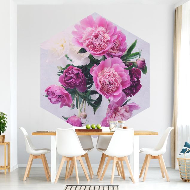 Self-adhesive hexagonal pattern wallpaper - Peonies Shabby Pink White