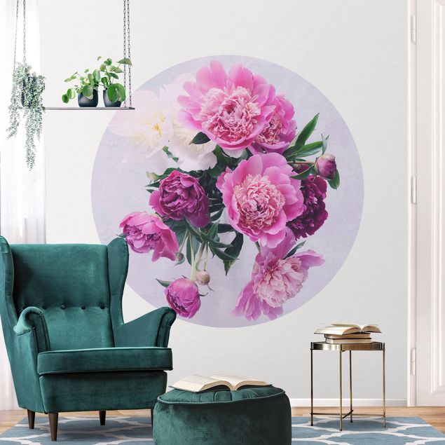 Self-adhesive round wallpaper - Peonies Shabby Pink White