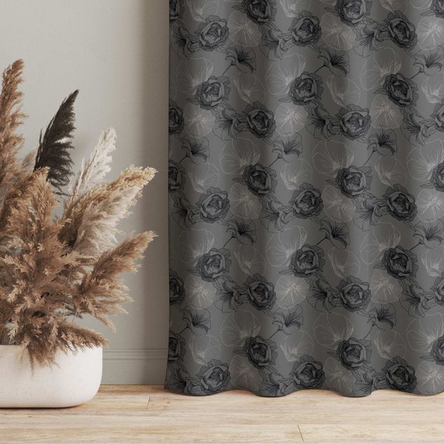 custom curtain Peonies And Poppies - Grey