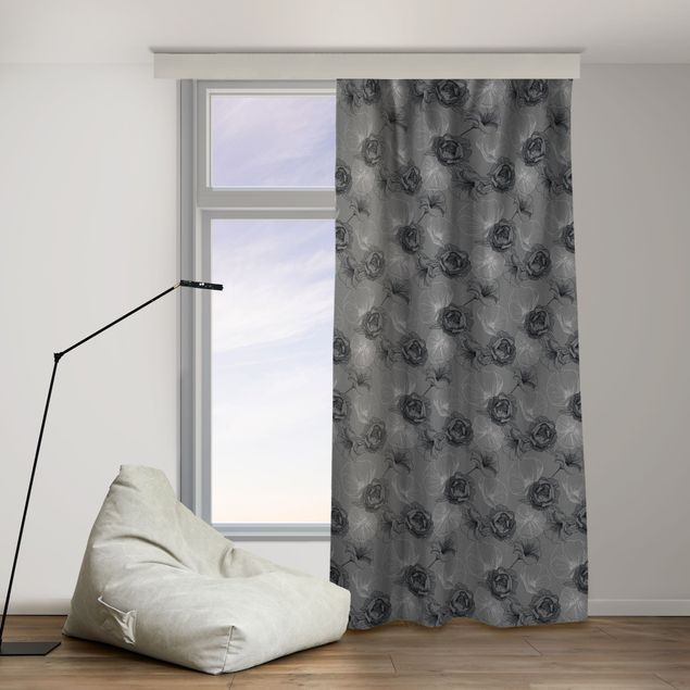 contemporary curtains Peonies And Poppies - Grey