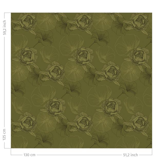 flower curtains Peonies And Poppies - Olive Green