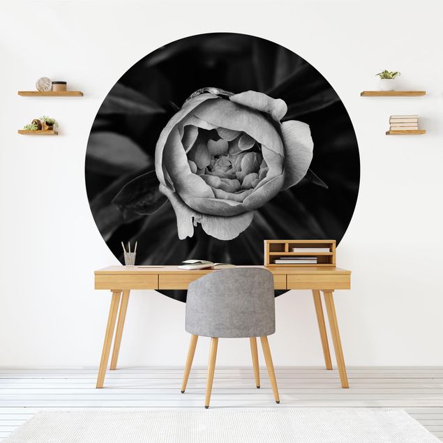 Wallpapers Peonies Blossom In Front Of Leaves Black And White