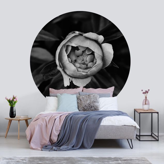 Self-adhesive round wallpaper - Peonies Blossom In Front Of Leaves Black And White