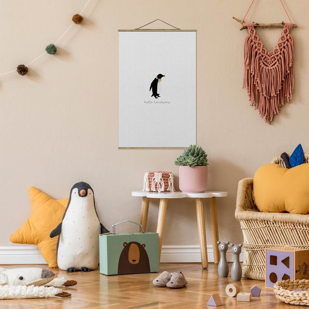 Fabric print with poster hangers - Penguin Quote Hello Handsome - Portrait format 2:3