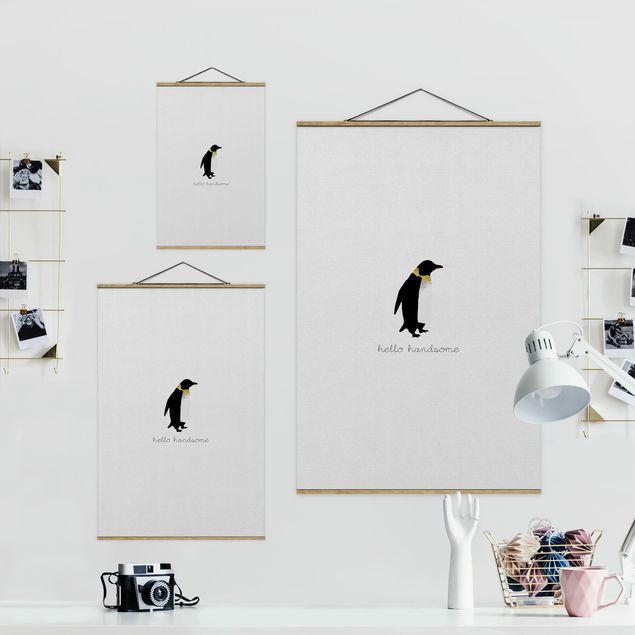 Fabric print with poster hangers - Penguin Quote Hello Handsome - Portrait format 2:3