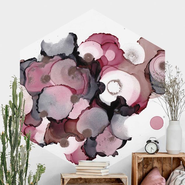 Self-adhesive hexagonal wall mural Pink Beige Drops With Pink Gold