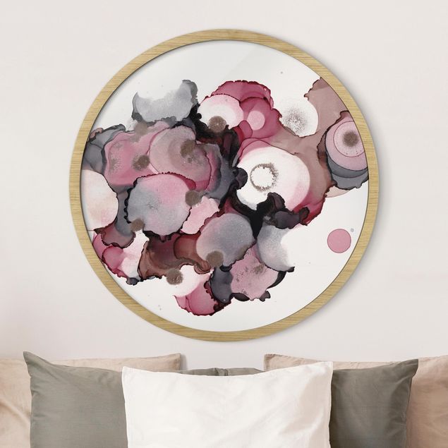 Framed prints round Pink Beige Drops With Pink Gold