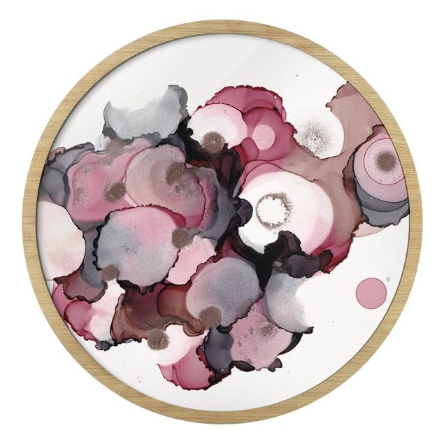 Circular framed print - Pink Beige Drops With Pink Gold