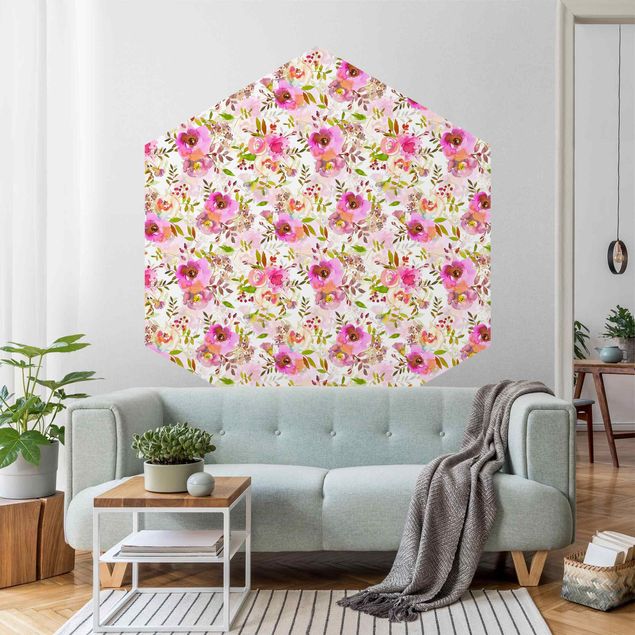 Self-adhesive hexagonal pattern wallpaper - Pink Watercolour Flowers