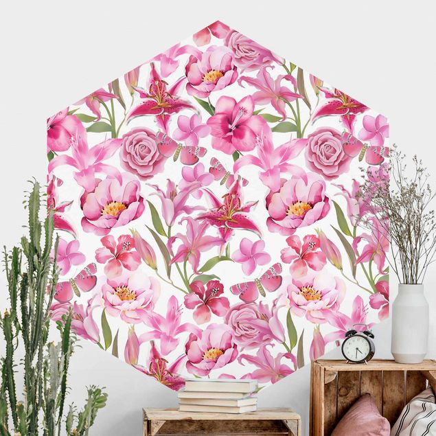 Hexagonal wallpapers Pink Flowers With Butterflies