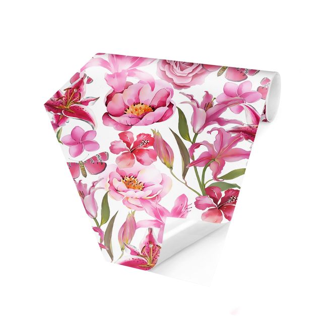 Self-adhesive hexagonal pattern wallpaper - Pink Flowers With Butterflies