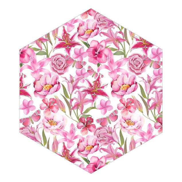 Self-adhesive hexagonal pattern wallpaper - Pink Flowers With Butterflies
