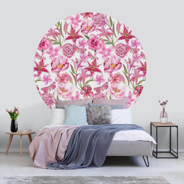 Self-adhesive round wallpaper - Pink Flowers With Butterflies