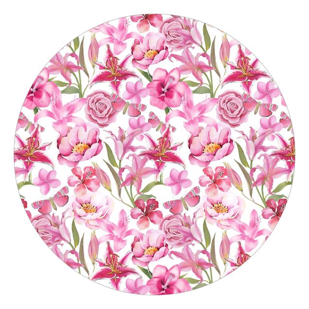 Self-adhesive round wallpaper - Pink Flowers With Butterflies