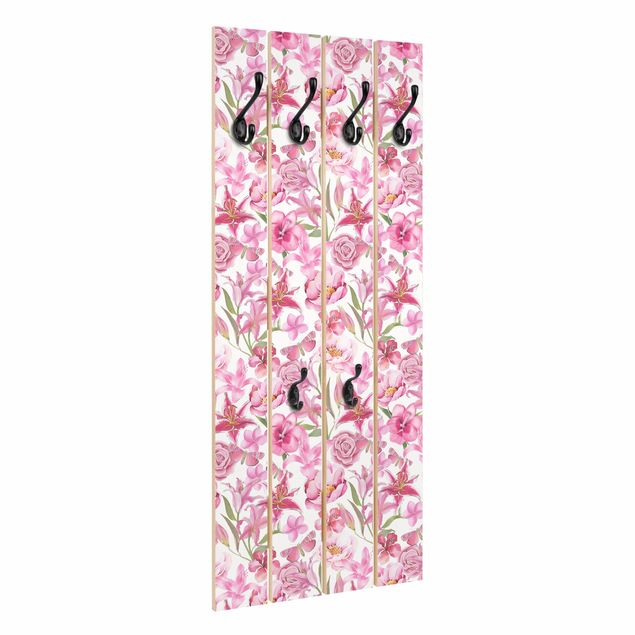 Wooden coat rack - Pink Flowers With Butterflies