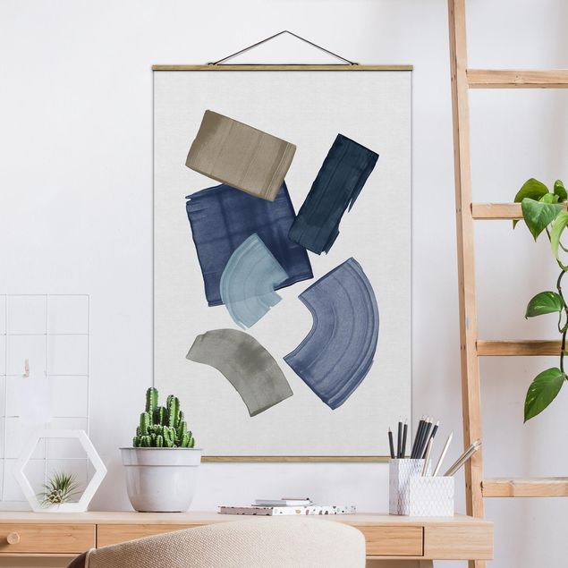 Fabric print with poster hangers - Broad Strokes In Blue And Brown - Portrait format 2:3
