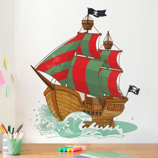 Pirate ship wall decal Pirate Ship with red and green Sails