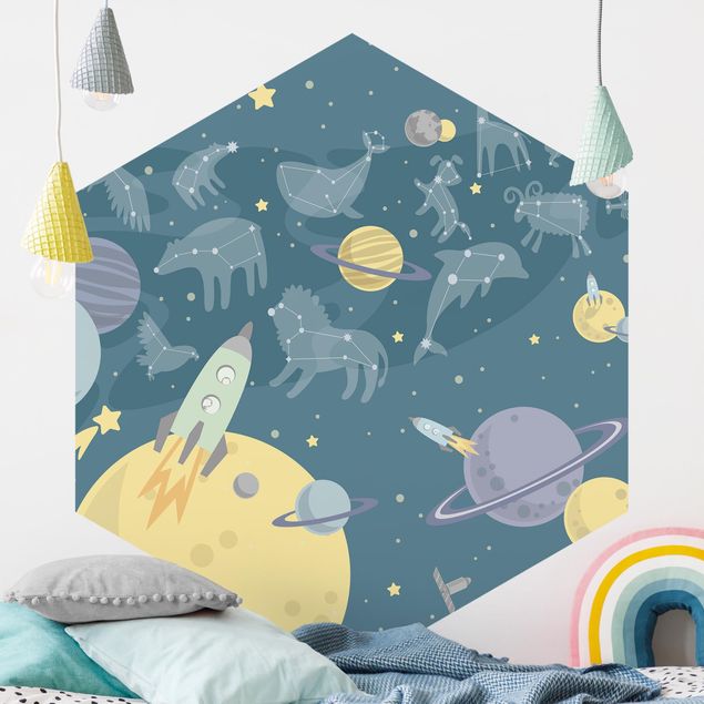 Self-adhesive hexagonal wall mural Planets With Zodiac And Rockets