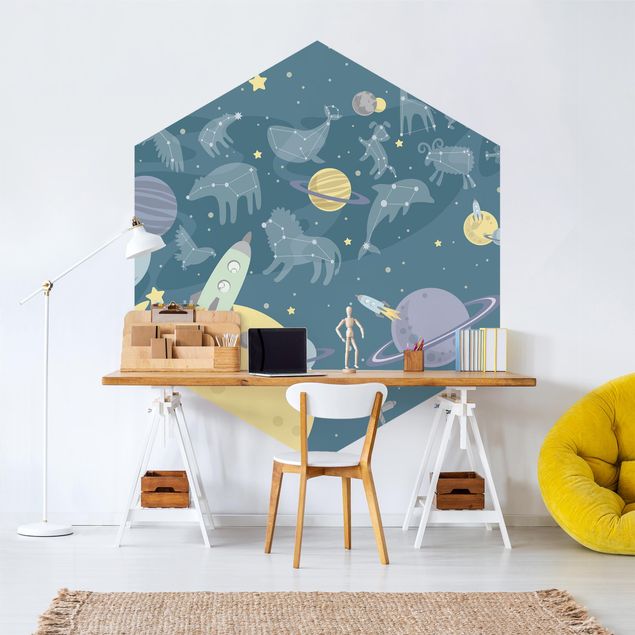 Self-adhesive hexagonal pattern wallpaper - Planets With Zodiac And Rockets