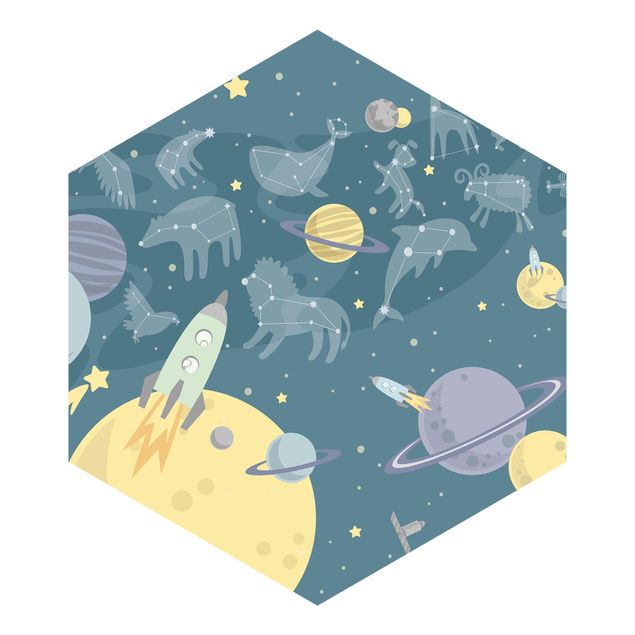 Self-adhesive hexagonal pattern wallpaper - Planets With Zodiac And Rockets