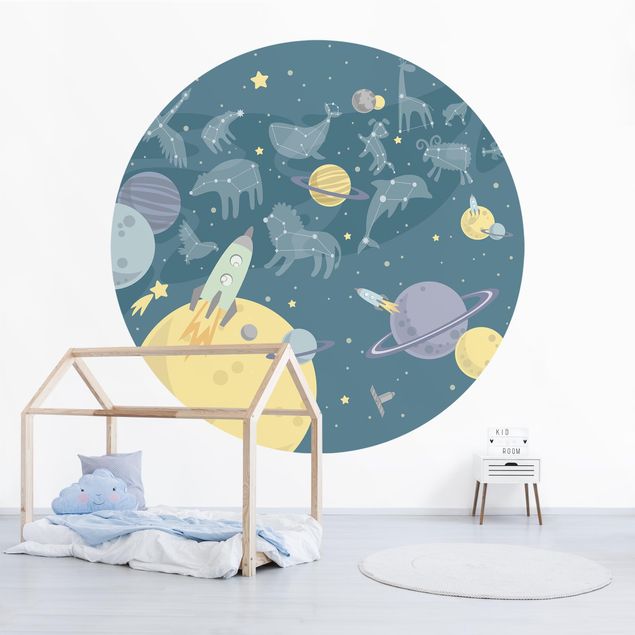 Self-adhesive round wallpaper kids - Planets With Zodiac And Missiles