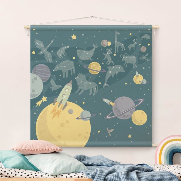 modern wall tapestry Planets With Zodiac And Rockets