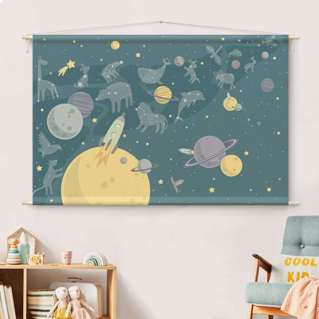 modern wall tapestry Planets With Zodiac And Rockets
