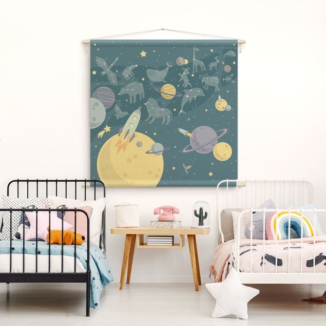 mandala wall tapestry Planets With Zodiac And Rockets