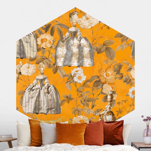 Self-adhesive hexagonal wall mural Opulent Dress In The Garden On Orange