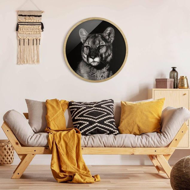 Circular framed print - Puma On Black