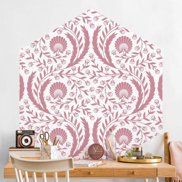 Self-adhesive hexagonal wall mural Tendrils with Fan Flowers in Antique Pink