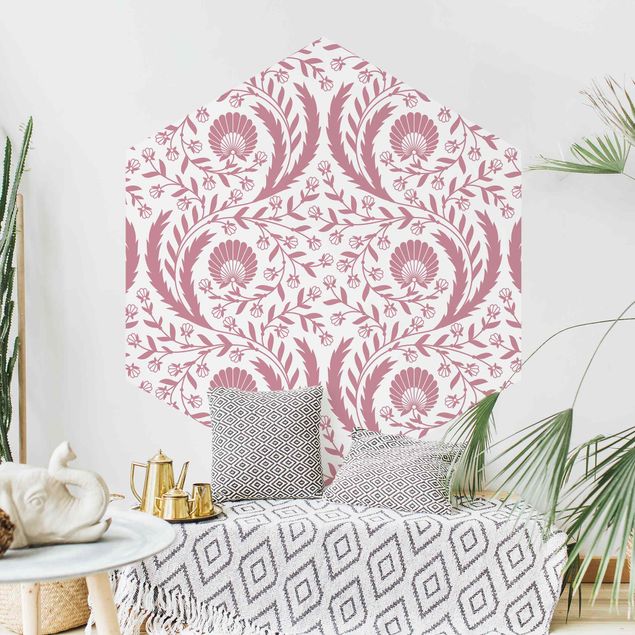 Self-adhesive hexagonal pattern wallpaper - Tendrils with Fan Flowers in Antique Pink