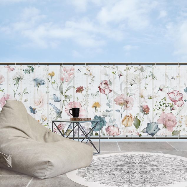 balcony privacy cover Tendril Flowers with Butterflies Watercolour